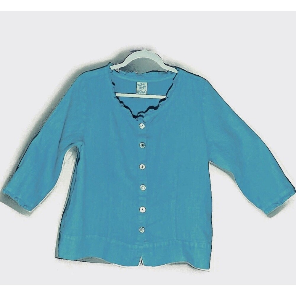 Match Point USA Blouse S Teal Blue Linen Button Ruffle Lagenlook Coastal Top